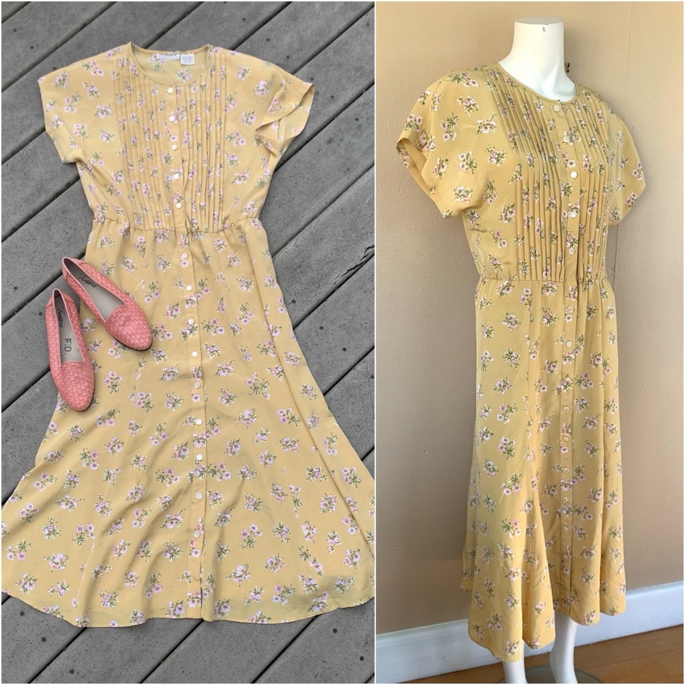 Vintage Yellow Floral Midi Dress | 90s Babydoll A-Line Maxi Dress